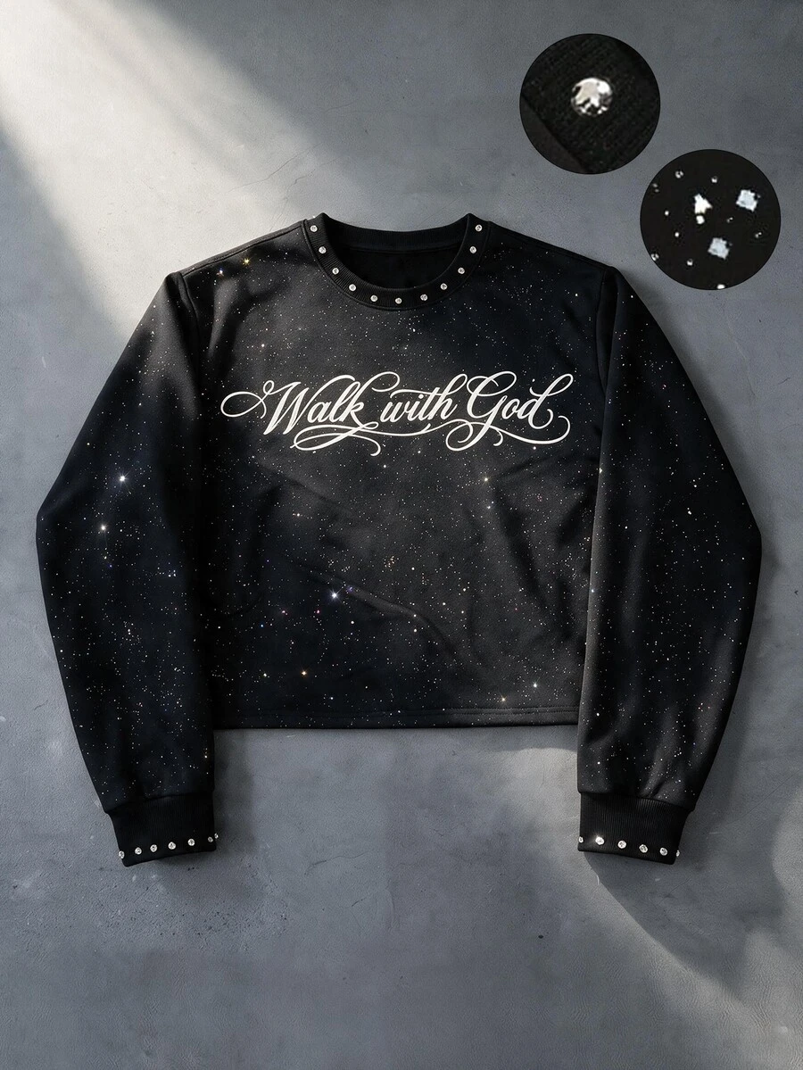 ROMWE MEN Men's Loose Fit Pullover Sweatshirt With Glitter Sequin And Rivet Embellished Cursive Letter Print - Black - View 1