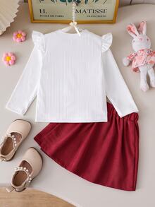 Souflis Souflis 2pcs Baby Girls Princess Big Bow Trim Rib Knit Ruffle Shoulder Corduroy A Line Skirt T Shirt Set Christmas Party Homecoming Fall Style Fall Outfits - Red - View 2