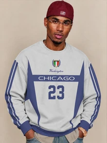Manfinity Hypemode Men's American Vintage Round Neck Sweatshirt, 23 Number & Letter Print Contrast Stripe Casual Streetwear Long Sleeve Top - Multicolor - View 1