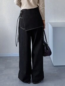 FRIFUL Women's Fashion Button Pocket Denim Jeans & Lace-Up Denim Skirt Set - Black - View 6