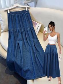 Rivivi Women's Street Style Elastic Waist Washed Wrinkled Long Denim Skirt - Medium Wash - View 1
