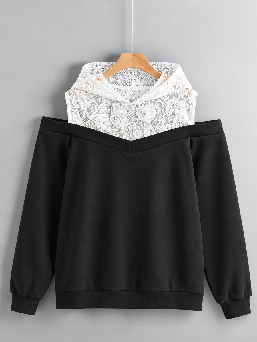 SHEIN LUNE CURVE 大尺碼女款對比蕾絲露肩長袖時尚運動衫 - 黑色 - 查看 1