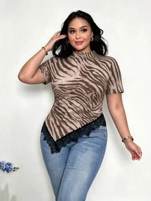 Firerie Casual Retro Zebra Print Plus Size Short Sleeve Lace T-Shirt, Suitable For Summer, Music Festivals - Multicolor - View 3