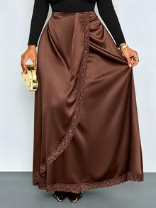 SOLERSUN Plus Size Sexy Elegant Women's Design Satin Lace Patchwork Skirt, Suitable For Commute, Casual, Tea Party, Autumn/Winter - Brown - View 6
