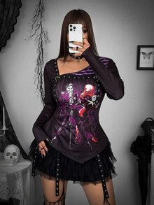 Whyspr Harley Quinn X SHEIN Plus Size Women's Cartoon Pattern Casual Daily Long Sleeve T-Shirt - Multicolor - View 6