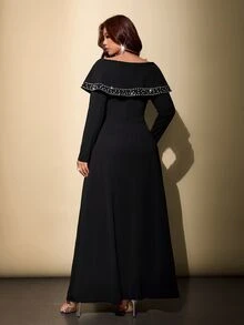 Viva Relle Plus Size Women's Rhinestone Decor Split Design Casual Party Dress - Black - View 5
