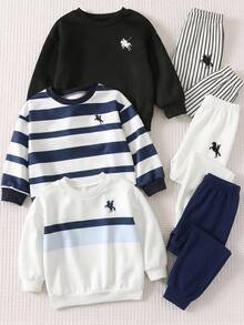 SHEIN 兒童 3件組 小男孩秋冬休閒條紋圓領運動衫套裝 嬰兒男孩冬季衣物 嬰兒冬季衣物 中性嬰兒服飾 - 彩色 - 查看 1