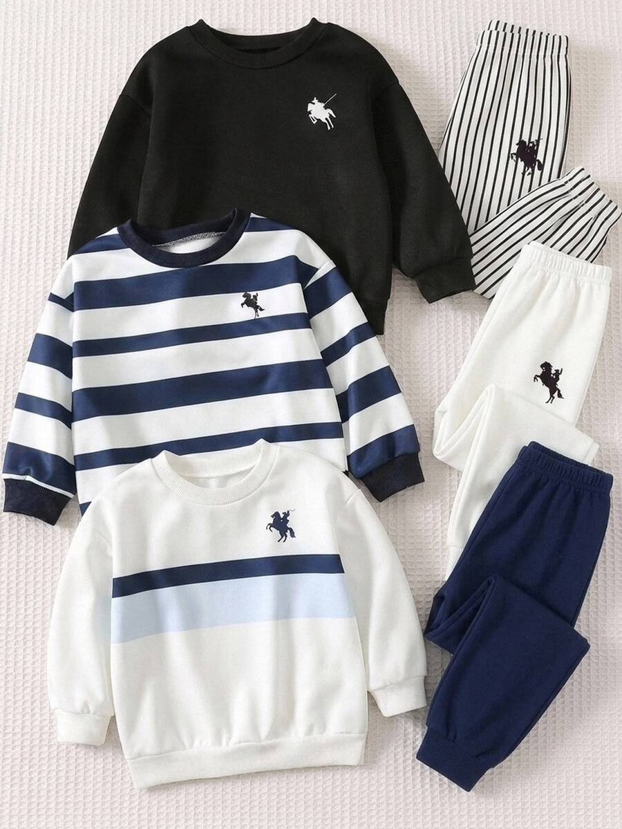SHEIN 兒童 3件組 小男孩秋冬休閒條紋圓領運動衫套裝 嬰兒男孩冬季衣物 嬰兒冬季衣物 中性嬰兒服飾 - 彩色 - 查看 1