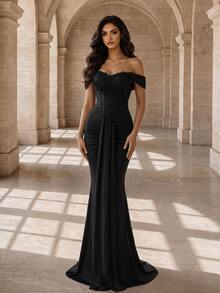 Coutiva Women's Off-Shoulder Solid Color Mermaid Tail Elegant Waist-Cinched Formal Evening Gown Dress - Black - View 5