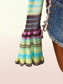 Amplova Women's Colorful Striped Long Sleeve Cropped Casual Sweater - Multicolor - View 8