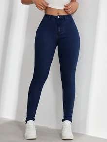 SHEIN ICON 大尺碼女款休閒舒適淺藍色彈性牛仔褲 - 藍色 - 查看 9