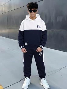 兒童 2 件組青少年男孩休閒新時尚拼色拼接字母圖案連帽衛衣與運動長褲套裝，適合秋冬、開學季、家庭聚會、生日派對、拍照、度假、節日，運動風舒適款 - 彩色 - 查看 5