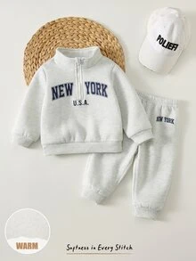 Cozy Pixies 2件組男嬰童休閒日常舒適復古字母印花衛衣套裝，適合秋冬穿著，街頭復古風，輕鬆舒適，兒童秋季疊穿，Y2K運動套裝，適合外出與街拍休閒風 - 灰色 - 查看 3