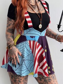 Whyspr 大尺碼女款 Grunge Punk 哥德風休閒細肩帶印花 A 字洋裝，復古 Y2K 風格，黑色與奶油黃，適合夏季萬聖節派對 - 彩色 - 查看 5
