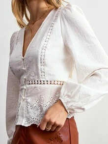 Willow Rêve Women's White Embroidered V-Neck Petal Sleeve Blouse - White - View 4