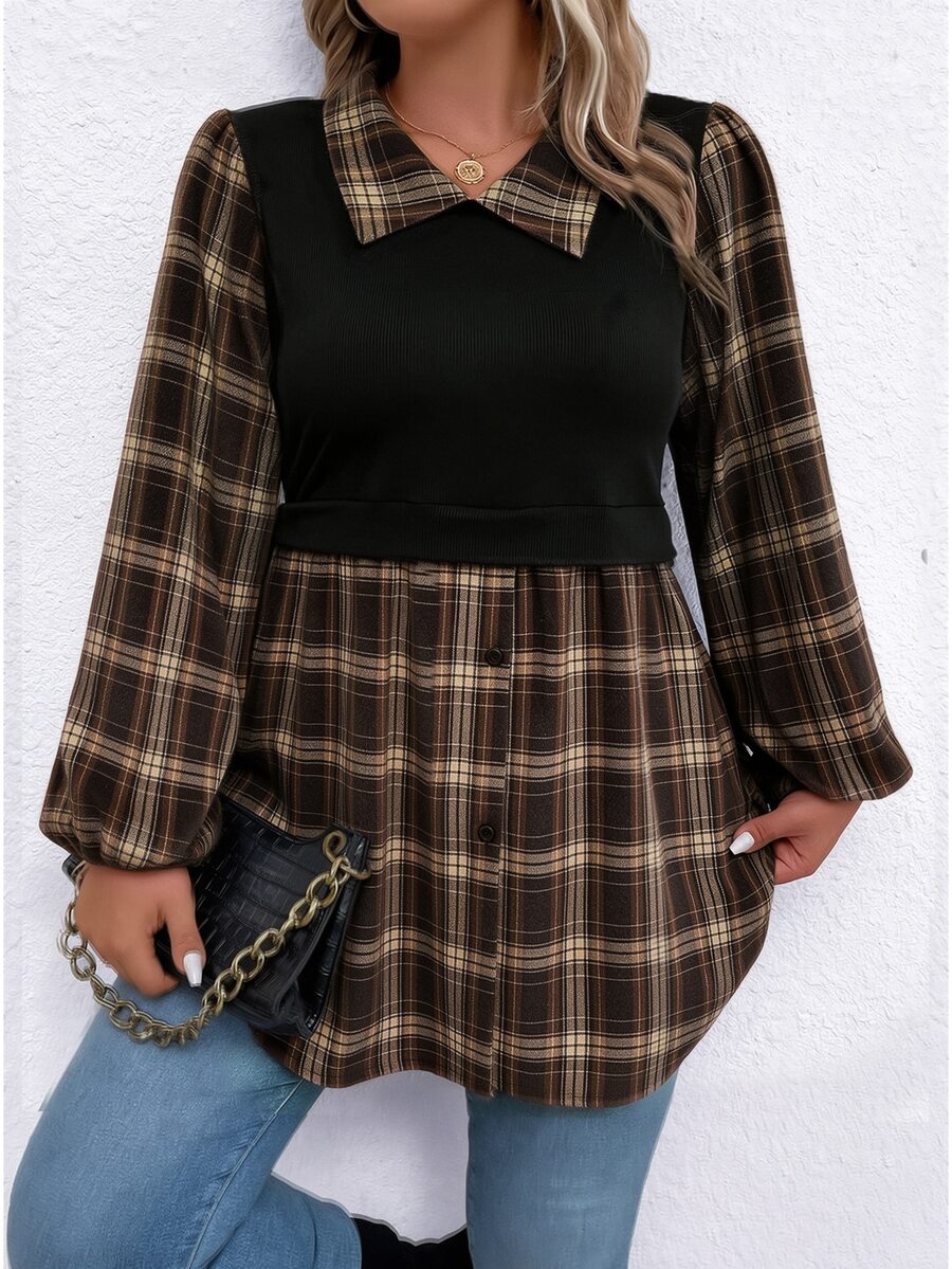 SHEIN LUNE Plus Size Casual Plaid Patchwork Knit Ribbed Fabric Lantern Sleeve Swallowtail Collar Women's Blouse Shirt - Multicolor - View 1