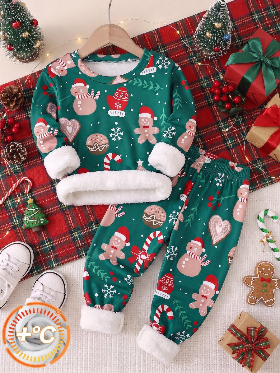 SHEIN 小男孩休閒紅色圖案修身長袖圓領居家褲裝,適合秋冬、聖誕節、新年、派對、室內穿著 - 彩色 - 查看 1