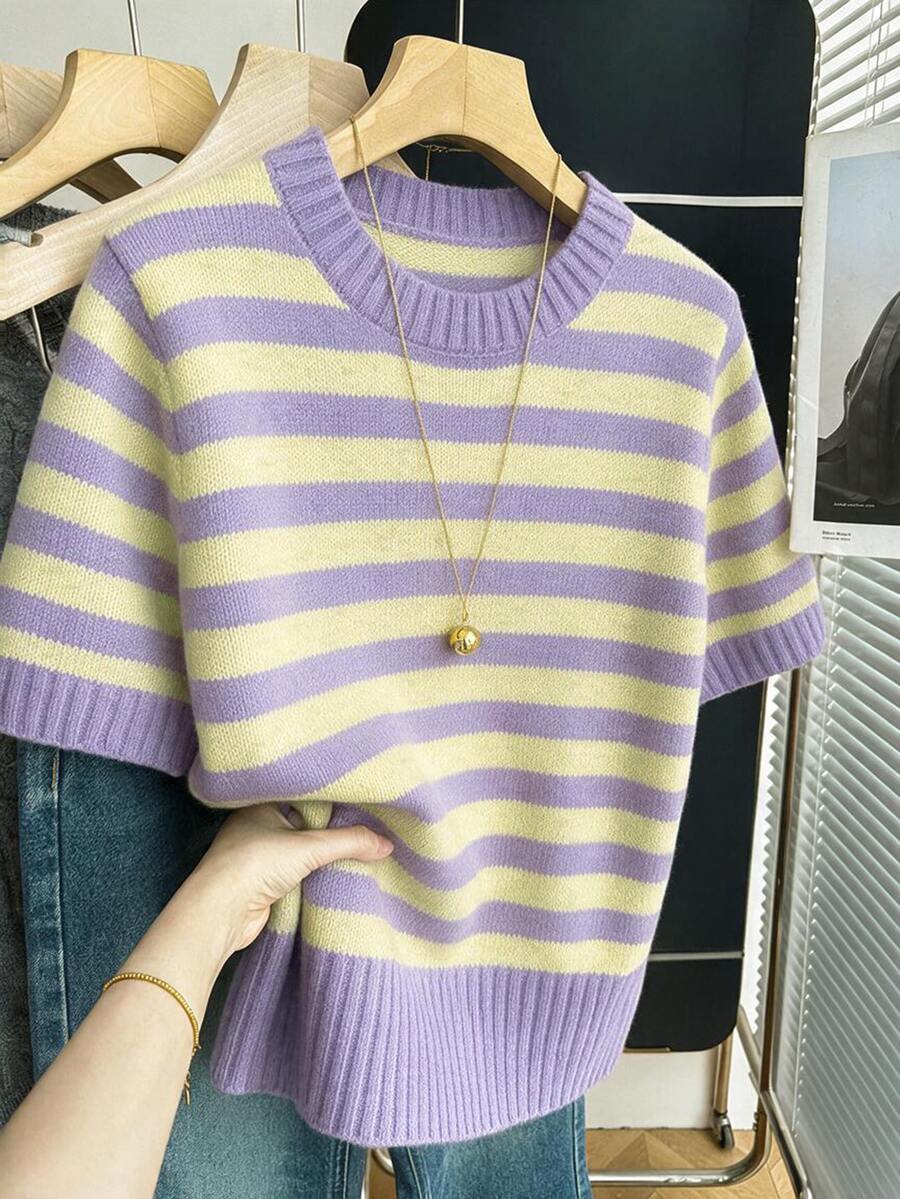 SHEIN Franclia 新款春夏韓系簡約休閒寬鬆條紋拼色女款針織上衣 - 淡紫色 - 查看 1
