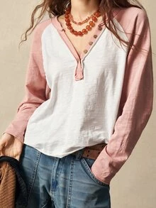 Bohemela 休閒針織拼色半開襟女款T恤 - 粉色 - 查看 7