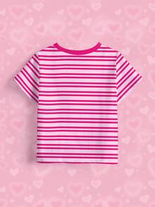 THE POWERPUFF GIRLS X SHEIN Young Girl Striped Cartoon Print Round Neck Short Sleeve Casual T-Shirt - White - View 5