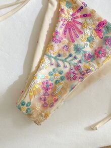 Swim Mod 女款 2 件組彩色亮片與珠飾刺繡比基尼套裝，掛脖綁帶三角上衣搭配側綁下褲，夏季海灘度假女裝 - 米色 - 查看 4