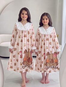SHEIN 女童睡裙 秋/冬款 寬鬆休閒甜美卡通印花 貓咪蝴蝶結豹紋拼接 精緻刺繡蕾絲飾邊家居睡裙兒童睡衣 - 杏色 - 查看 1