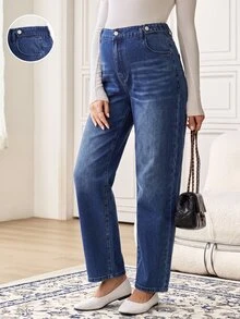 SHEIN Maternity Simple Daily Button Pocket Denim Jeans Winter Country Pants - Blue - View 4