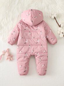 Cozy Pixies Baby Girls Winter Coats Casual Versatile Woven Ditsy Floral Hooded Long Sleeve Thick Padded Thermal Lined Jumpsuit - Pink - View 3
