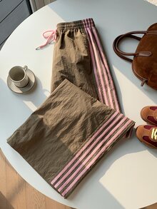 SHEIN CURVE+ Plus Size Women's Striped Colorblock Drawstring Waist Long Pants - Brown - View 6
