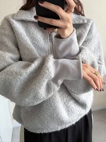 FRIFUL Women's Comfortable Half-Zip Sweatshirt With Pockets - Grey - View 4