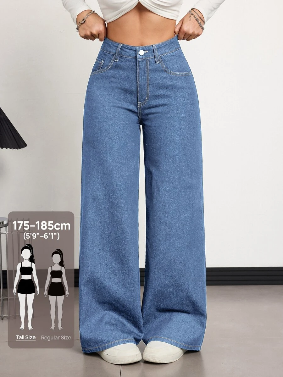 SHEIN Tall Women's Loose Button-Front Pocket Denim Long Pants - Light Wash - View 1