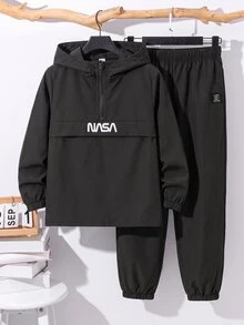 SHEIN 2件組小男孩休閒日常百搭舒適拼接連帽半拉鍊套頭寬鬆長袖外套與寬鬆慢跑長褲，梭織兩件套，適合學校、花園、海灘 - 彩色 - 查看 3