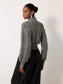 MERLEAU Women's Modern Dark Olive Green Frayed Knit Cardigan - Army Green - View 2