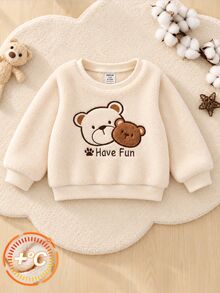 SHEIN 嬰兒/幼兒秋冬保暖內裡刺繡圓領長袖運動衫 - 杏色 - 查看 3