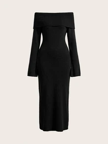 SHEIN BASICS Women's Street Style Off-Shoulder Fashion Sweater Dress - Black - View 6