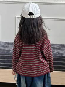 Dazy Kids (فتاة صغيرة) تي شيرت كاجوال بياقة دائرية مخططة للخريف/الشتاء، ملابس علوية أساسية للطبقات - قهوة بني - مشاهدة 2