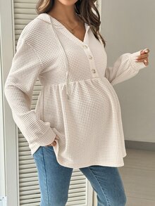 SHEIN Kaos Kasual Hamil Warna Polos dengan Kancing Setengah Plaket dan Tali Serut serta Tudung - Aprikot - View 5
