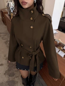 Aloruh 卡其色收腰短款風衣女款，適合秋冬穿著 - 摩卡棕 - 查看 3