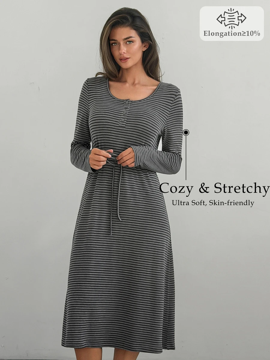 DAZY Women's Striped Button Design Long Sleeve Casual Loungewear Dress - Grey - View 1