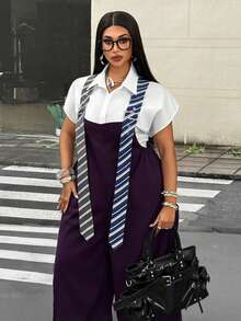 Mawevolt Plus Size Fashion Commuter Striped Suspender Jumpsuit Fall - Purple - View 2