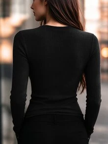 SHEIN Women's Lace Patchwork Fitted Versatile Daily Long Sleeve Top - Black - View 2