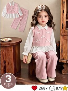 Casuvi Kids Young Girl 3pcs Back-To-School Outfit White Long Sleeve Collared Shirt Pink Cute Bow Detail Knit Vest Ribbed Wide Leg Pants Set 7th Birthday Fall Baby - Pink - View 1