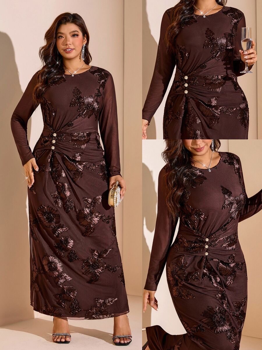 Comfylo Velvet Fabric Waist Knot Slim Fit Plus Size Women Jacquard Dress - Multicolor - View 1
