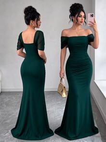 Elenzga Plus Size Women's Solid Color Elegant Draped Waist Floor Length Maxi Dress - Green - View 8