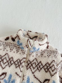 SHEIN 男嬰秋冬拉鍊長袖開襟外套 戶外穿著 卡其色薄荷圖案 鋪棉夾克 牛仔外套 - 杏色 - 查看 7