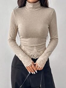 GalTyme Plus Size Women's Lace Patchwork Casual Everyday Long Sleeve T-Shirt - Apricot - View 4