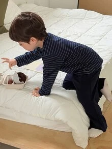 Dazy Kids Boys (Small) Striped Loose Top + Straight Leg Solid Color Pants 2 Pieces Loungewear Set - Navy Blue - View 5