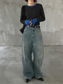 FRIFUL 女款初秋新款韓式圓領拼色長袖T恤 - 黑色 - 查看 6