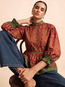 LOTSLUV Áo blouse nữ dáng rộng tay dài cổ tròn, họa tiết in màu vàng và xanh, phong cách thường ngày đi làm đầu thu - Đỏ - Xem 1