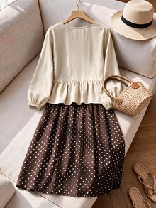 Rusticease Plus Size Women's Patchwork Ruffle Long Sleeve Blouse And Polka Dot Pattern Skirt Casual 2 Pieces Set - Brown - View 2
